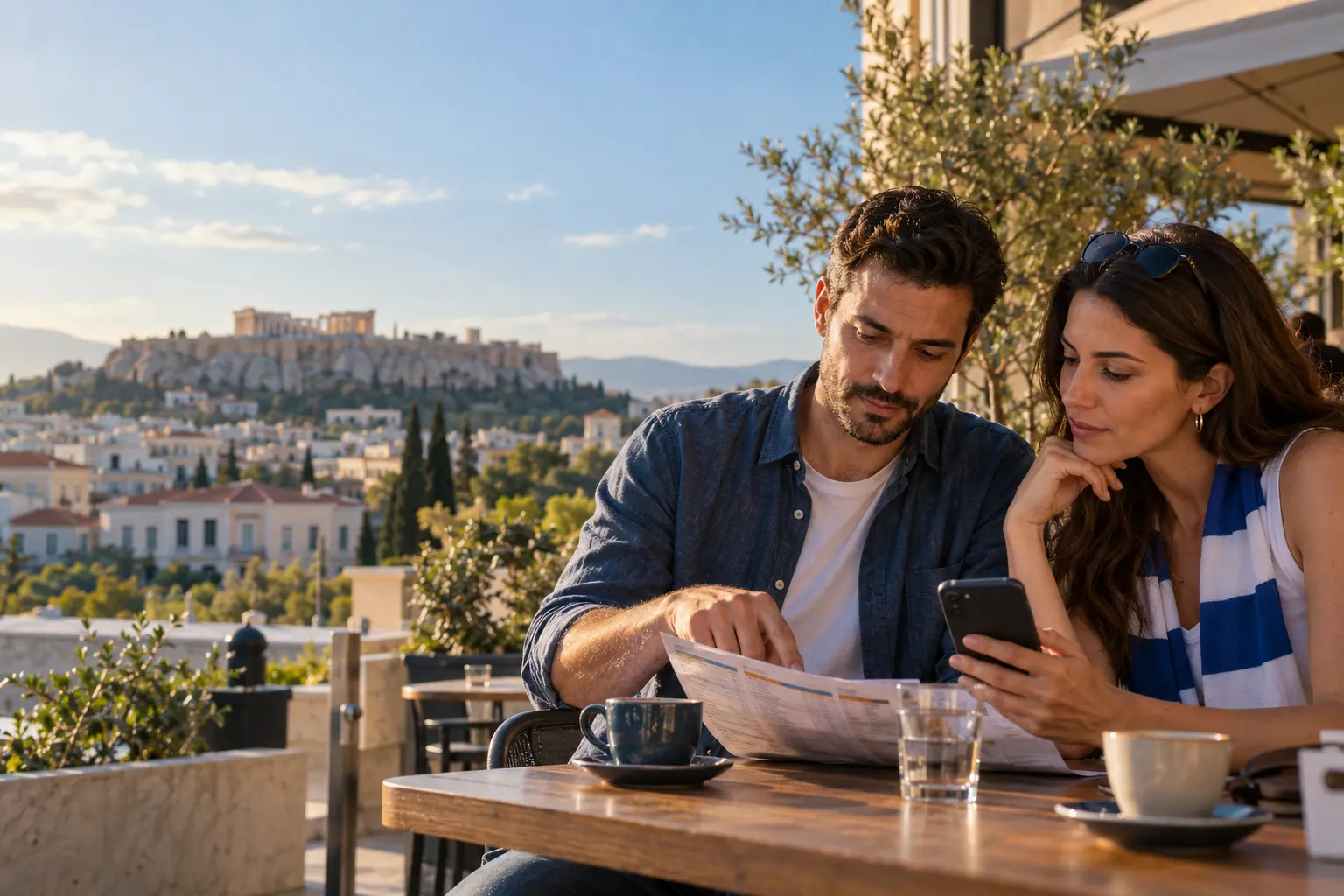 Ενήλικοι φίλαθλοι εξετάζουν πρόγραμμα αγώνων και κινητό σε αθηναϊκή βεράντα